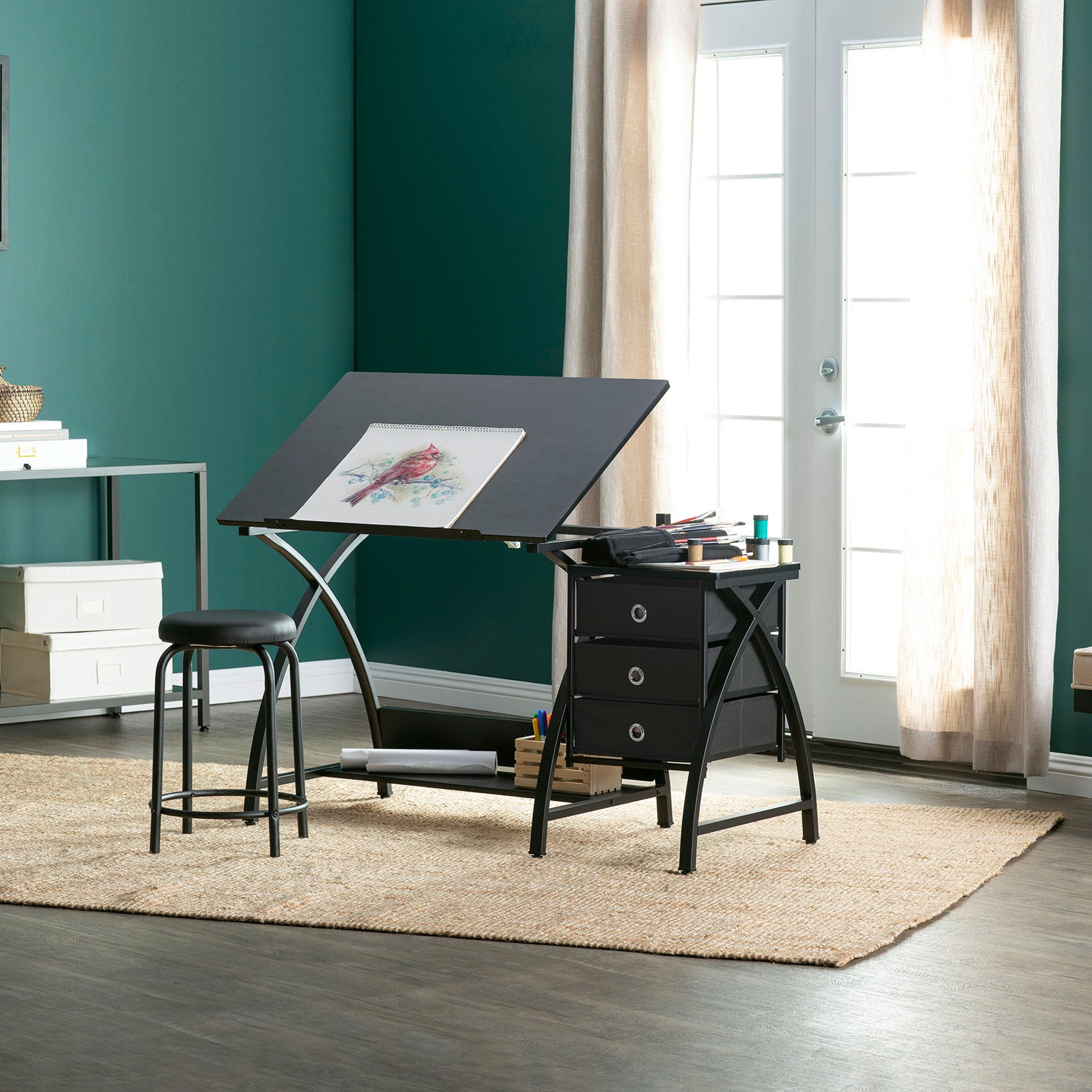 Studio Designs Venus 2-Piece Craft Tabletop w/ Storage & Stool, Black (Open Box)