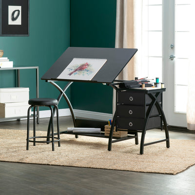 Studio Designs Venus 2-Piece Craft Tabletop w/ Storage & Stool, Black (Open Box)