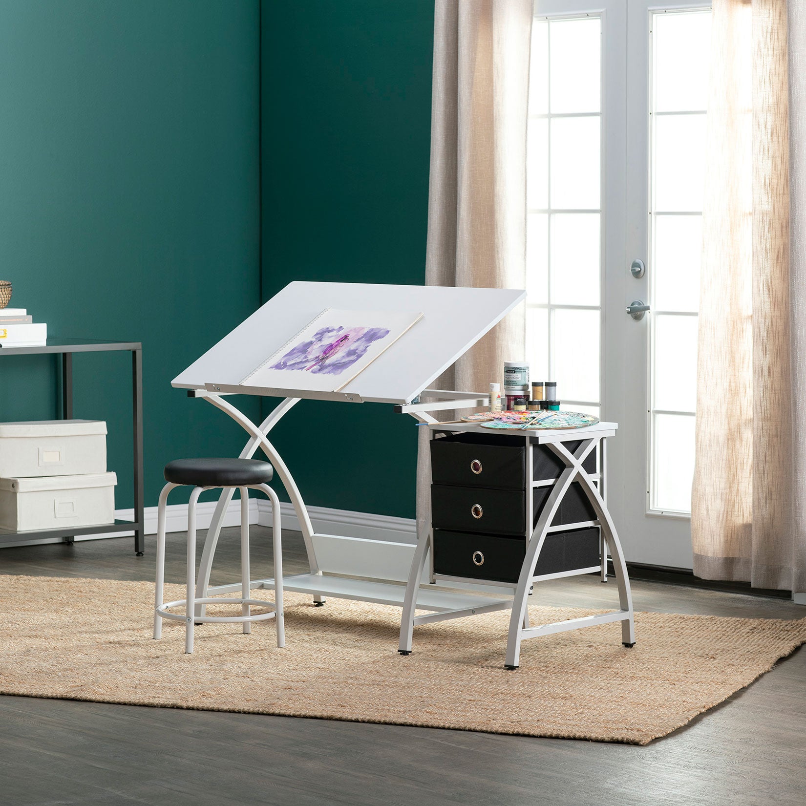 Studio Designs 2 Piece Table with Adjustable Top and Stool, White (Open Box)