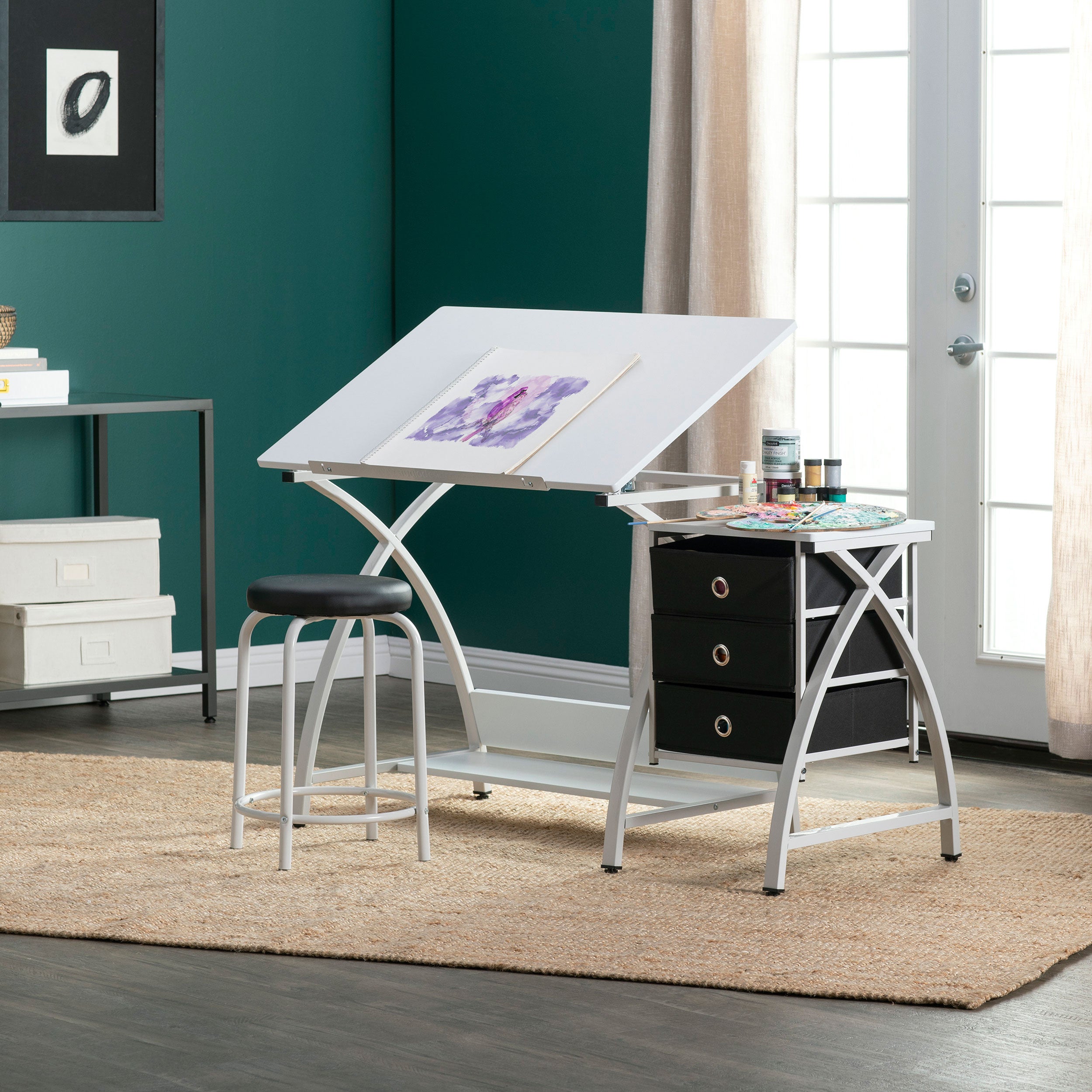 Studio Designs 2 Piece Table with Adjustable Top and Stool, White (Open Box)