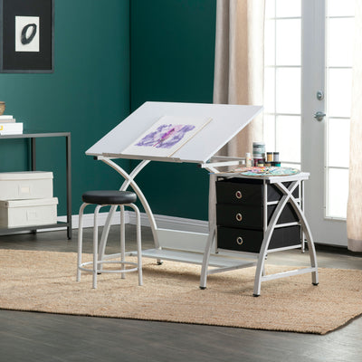 Studio Designs 2 Piece Table with Adjustable Top and Stool, White (Open Box)