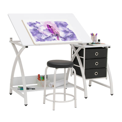 Studio Designs 2 Piece Table with Adjustable Top and Stool, White (Open Box)