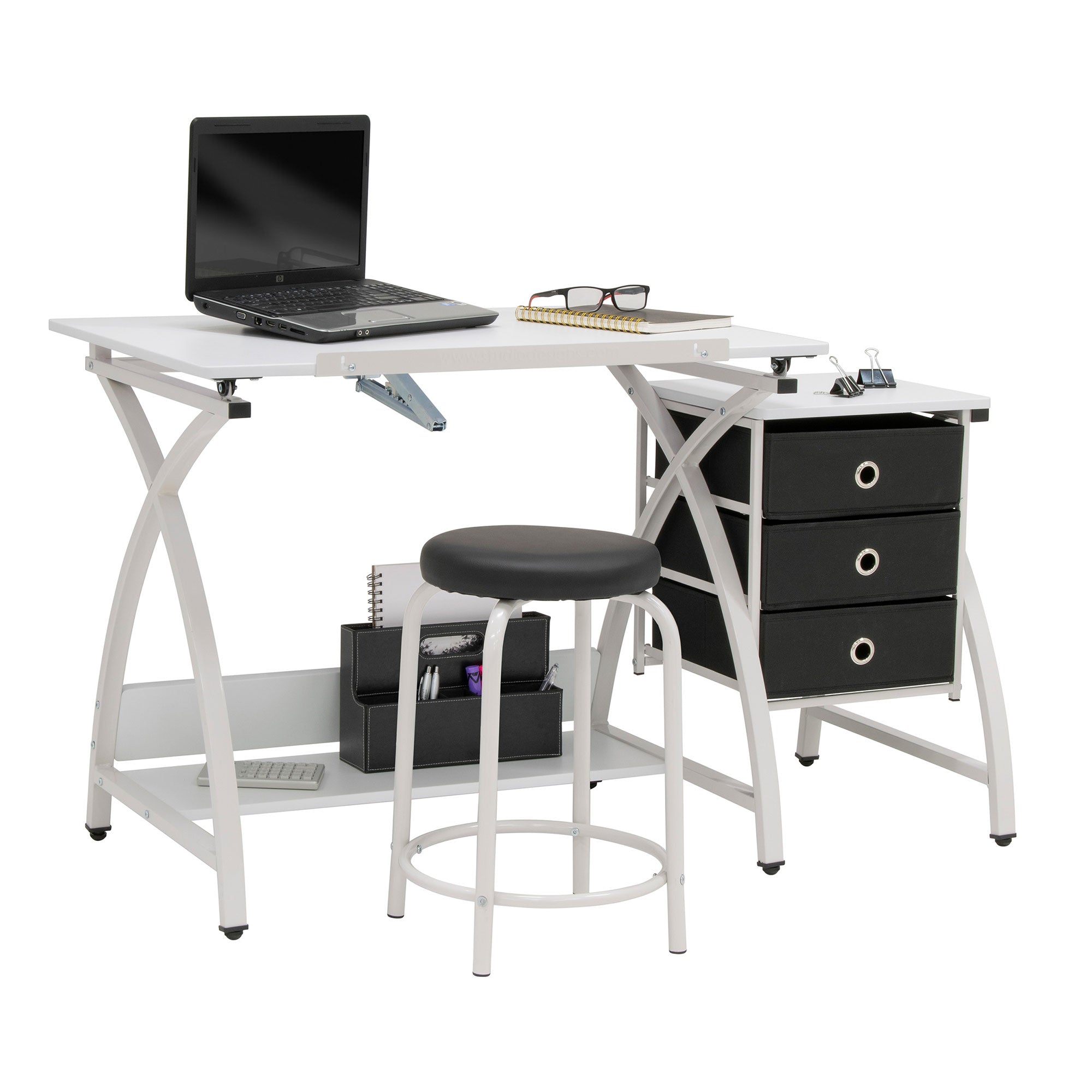 Studio Designs 2 Piece Table with Adjustable Top and Stool, White (Open Box)
