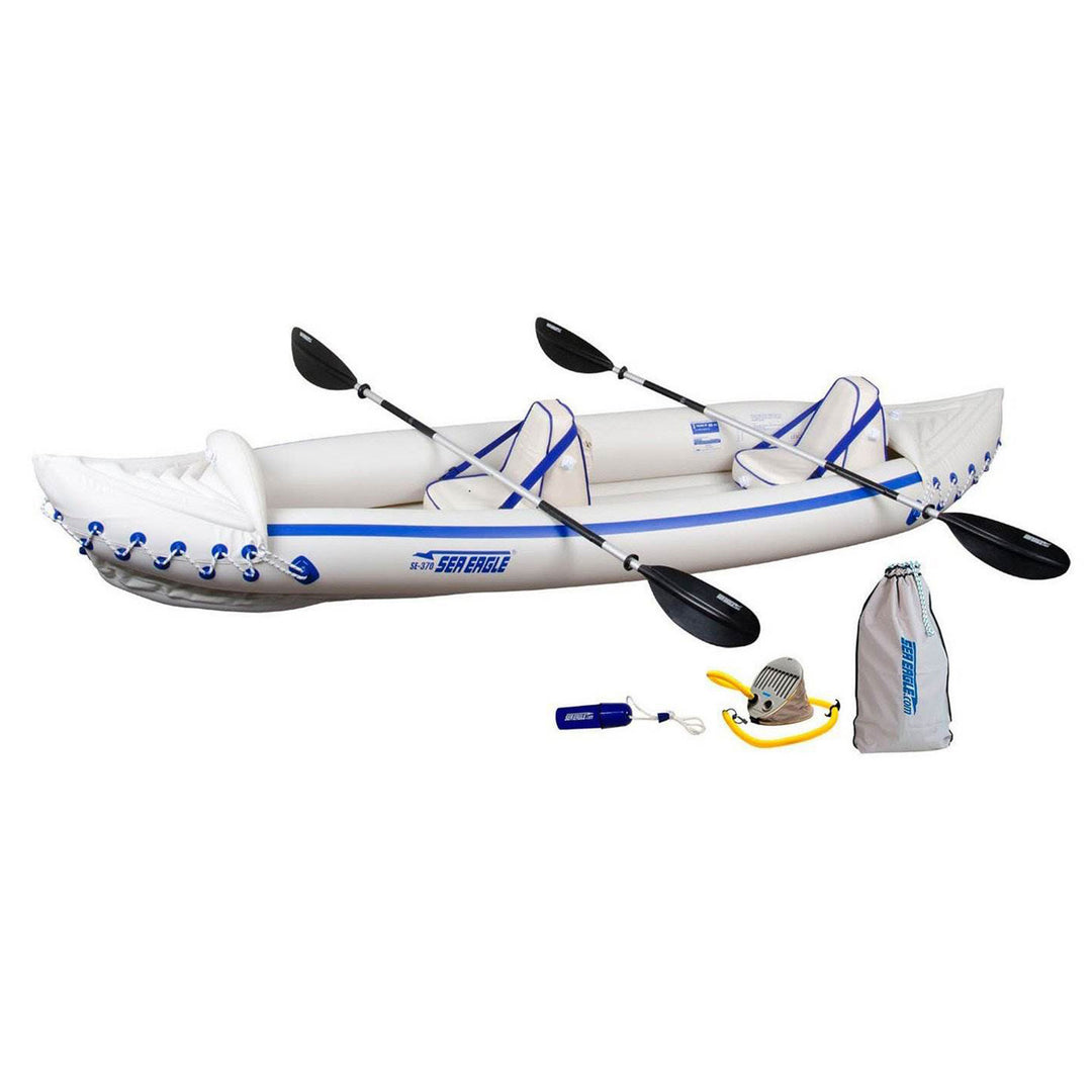 Sea Eagle 370 Pro 3 Person Inflatable Water Sport Kayak Canoe Boat with Paddles