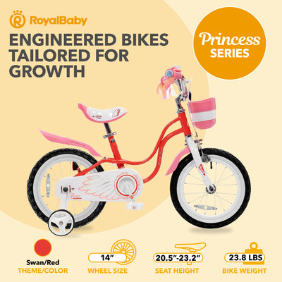 RoyalBaby Princess Girl Kids Bicycle 14 Inch with Training Wheels, Swan/Red - VMInnovations