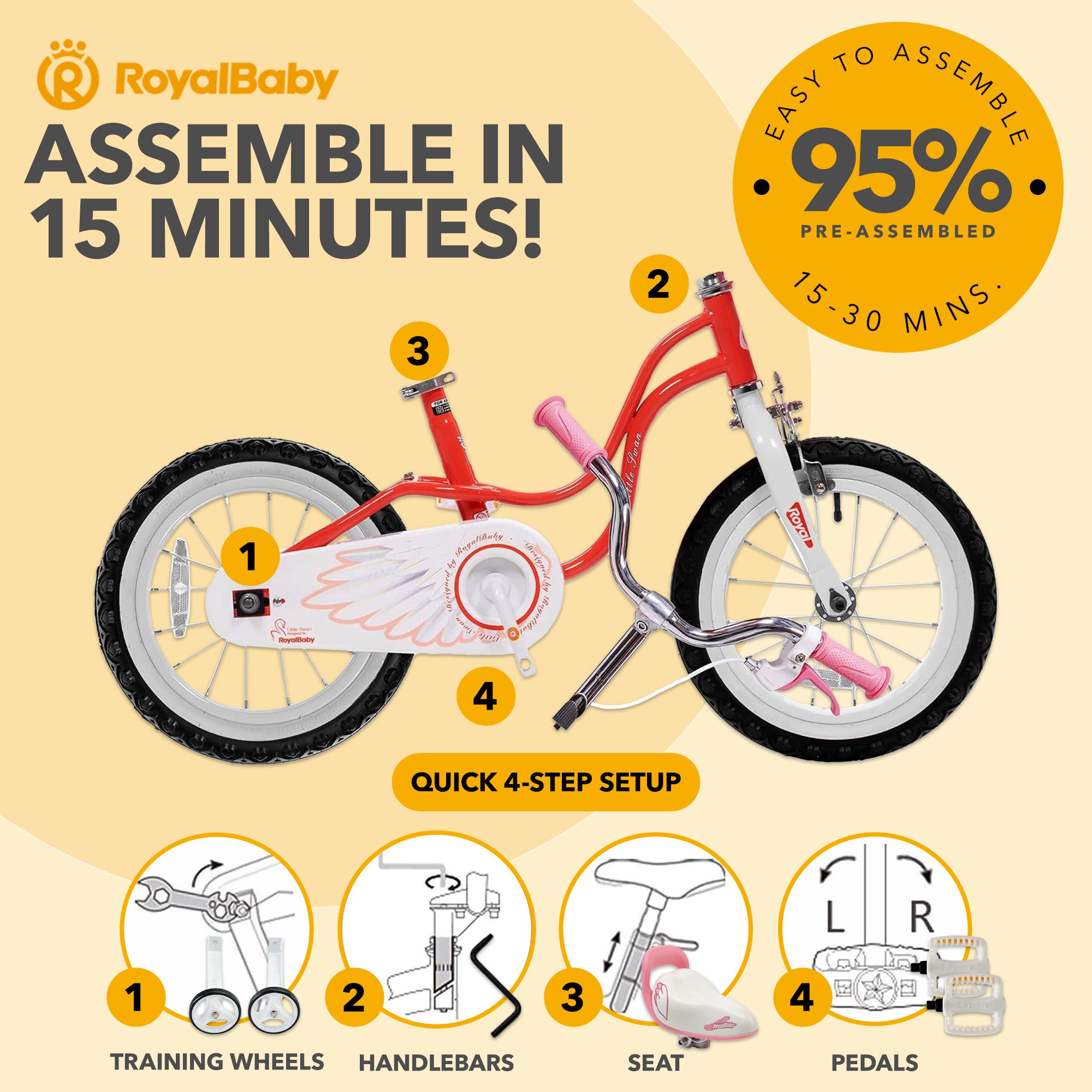 RoyalBaby Princess Girl Kids Bicycle 14 Inch with Training Wheels, Swan/Red - VMInnovations