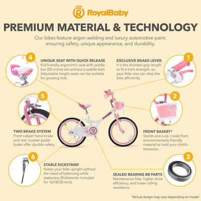 RoyalBaby Princess Girl Kid Outdoor Bicycle 18" with Kickstand, Jenny/White Pink - VMInnovations
