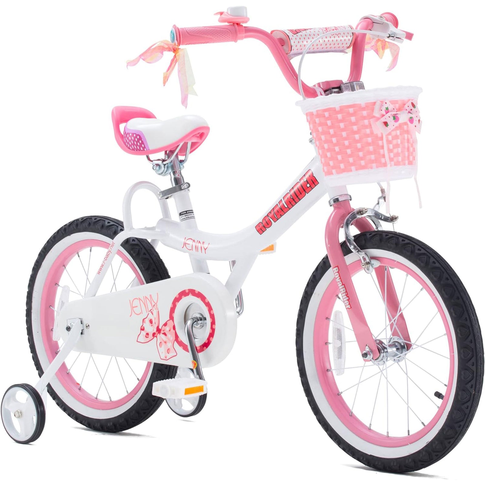 RoyalBaby Princess Bike 16" w/Training Wheels & Kickstand, White Pink (Open Box) - VMInnovations