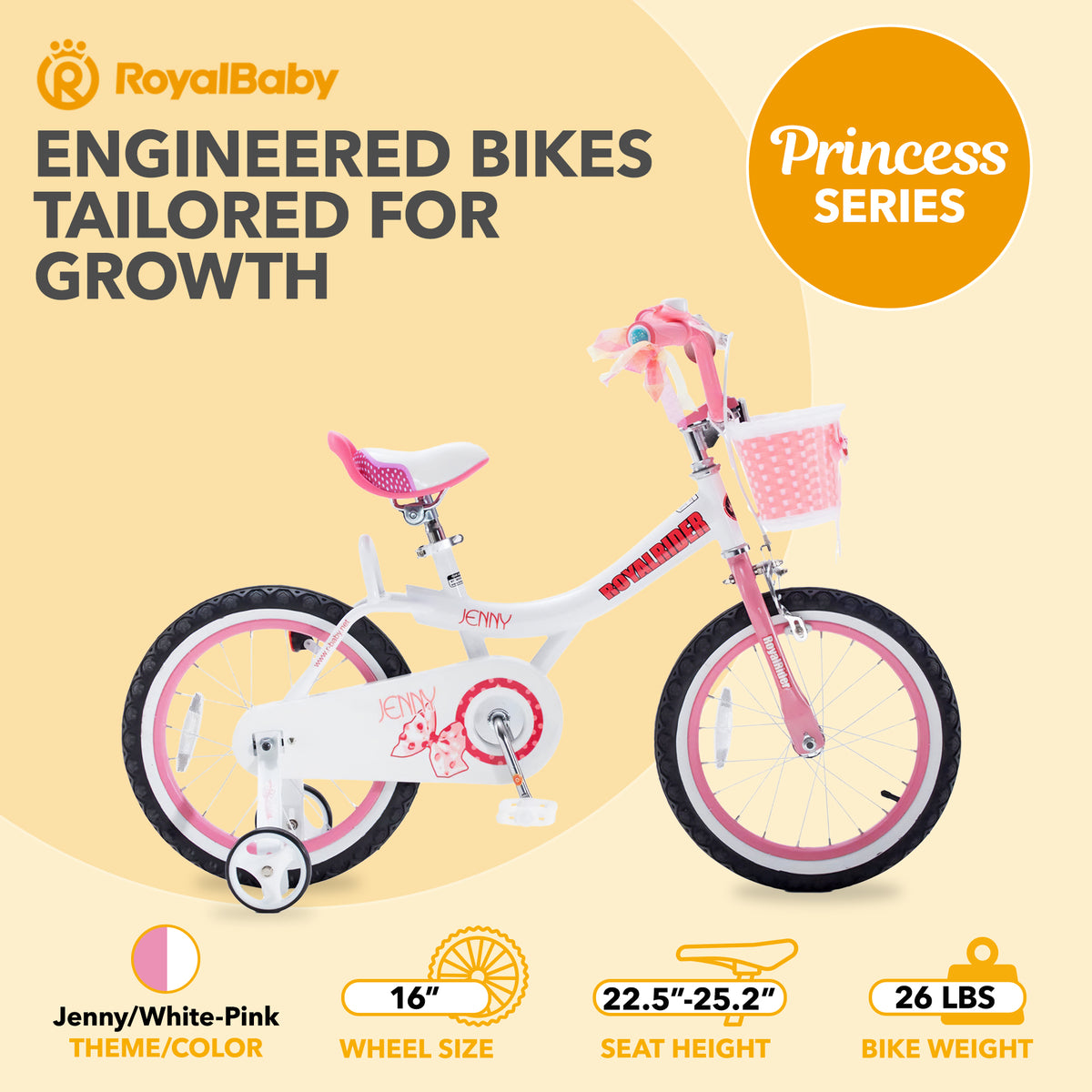 RoyalBaby Princess Bike 16" w/Training Wheels & Kickstand, White Pink (Open Box)