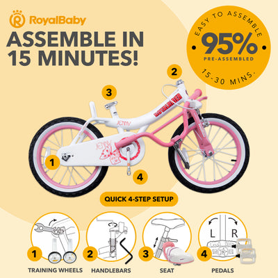 RoyalBaby Princess Bike 16" w/Training Wheels & Kickstand, White Pink (Open Box) - VMInnovations