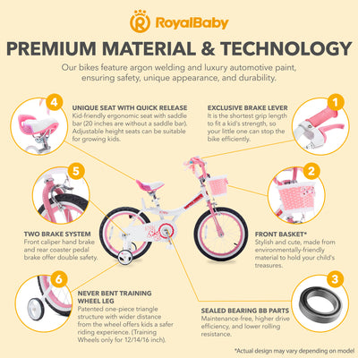 RoyalBaby Princess Bike 16" w/Training Wheels & Kickstand, White Pink (Open Box) - VMInnovations