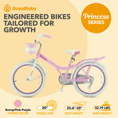 RoyalBaby Princess Kids Bicycle 20" with Kickstand, Bunny/Pink Purple (Open Box) - VMInnovations