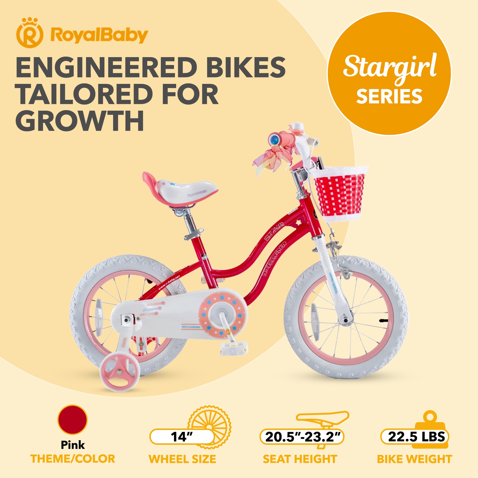 RoyalBaby Stargirl Children's Bicycle 14 Inch w/Training Wheels, Pink (Open Box) - VMInnovations