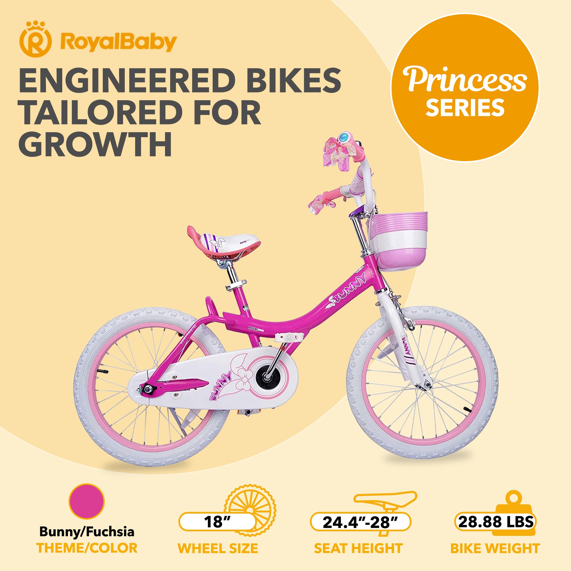 RoyalBaby Princess Girl Kids Outdoor Bicycle 18" with Kickstand, Bunny/Fuchsia (Open Box)
