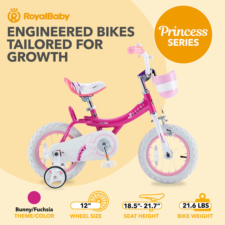 RoyalBaby Princess Kids Bicycle 12" w/ Training Wheels, Bunny/Fuchsia (Open Box)