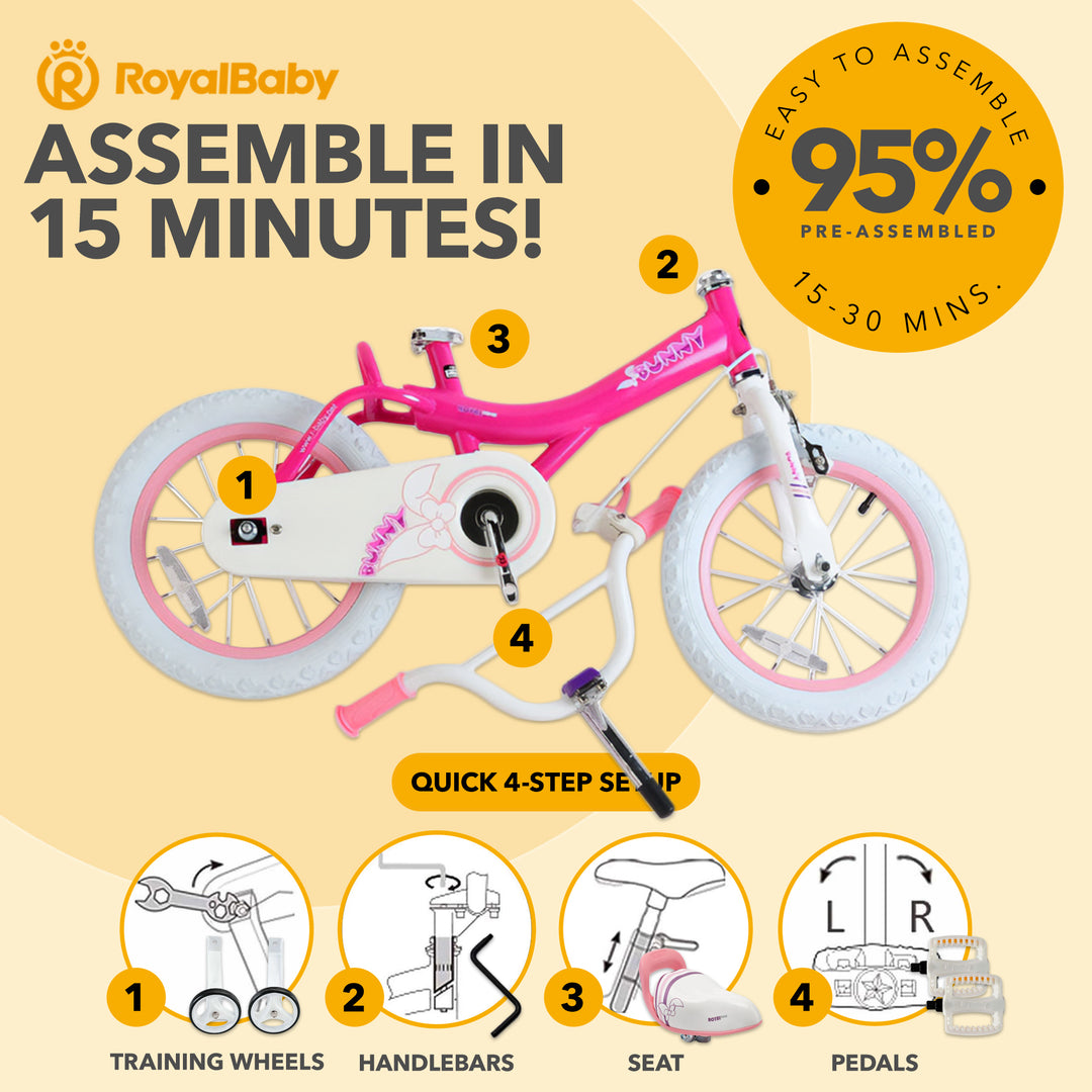 RoyalBaby Princess Kids Bicycle 12" w/ Training Wheels, Bunny/Fuchsia (Open Box)
