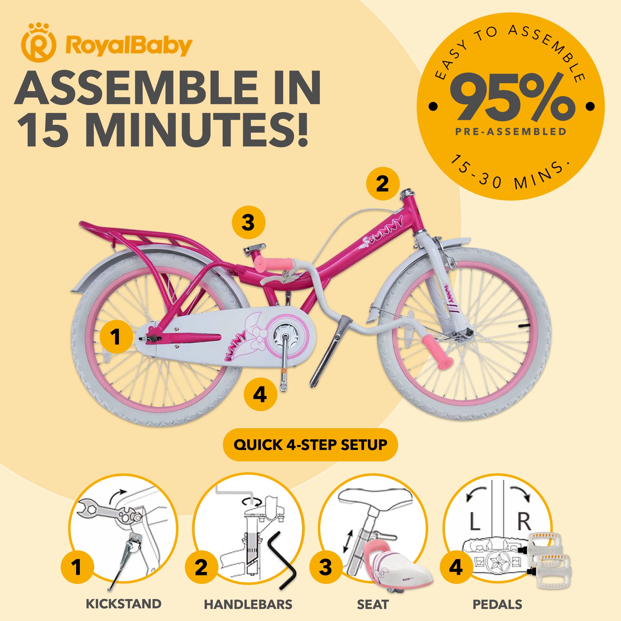 RoyalBaby Princess Girl Kids Outdoor Bicycle 20" with Kickstand, Bunny/Fuchsia - VMInnovations
