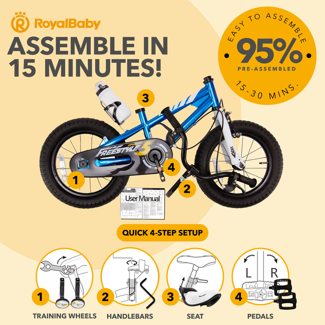 RoyalBaby Freestyle Kid's Bicycle with Training Wheels, 12 Inch, Blue (Open Box) - VMInnovations
