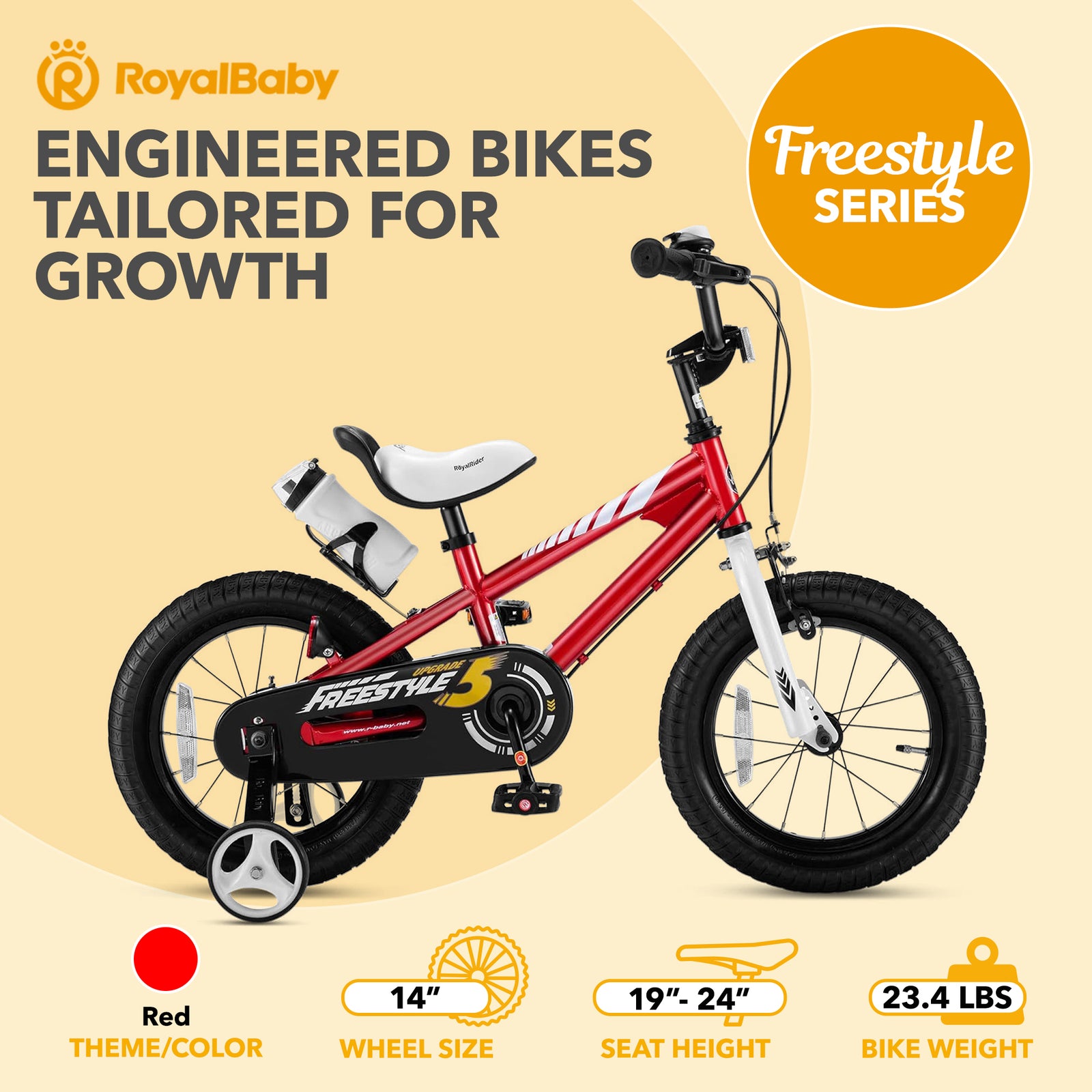 RoyalBaby Freestyle Outdoor Kid's Bicycle with Training Wheels, 14 Inch, Red - VMInnovations