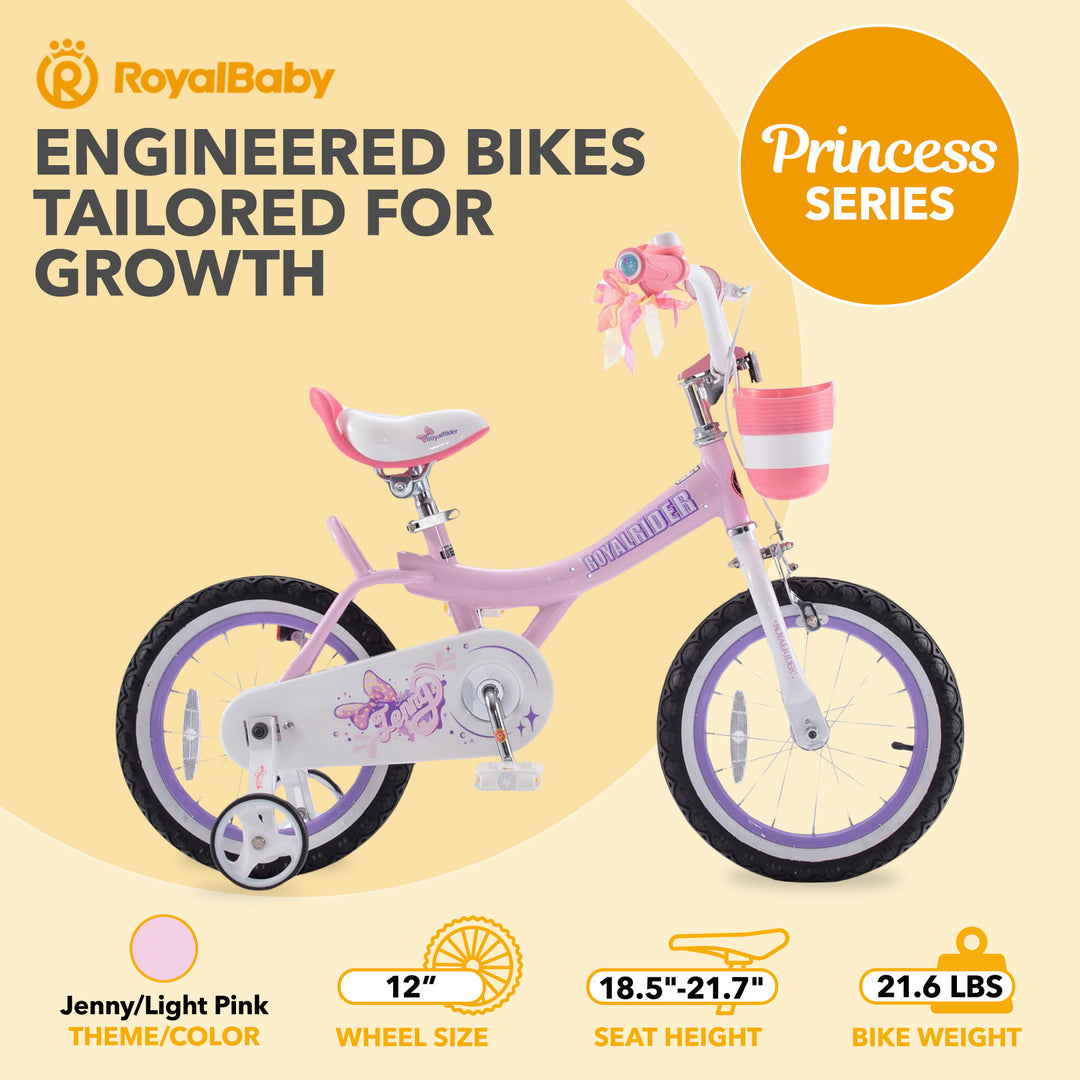 RoyalBaby Girl Kids Bicycle 12" w/Training Wheels, Jenny/Light Pink (Open Box) - VMInnovations