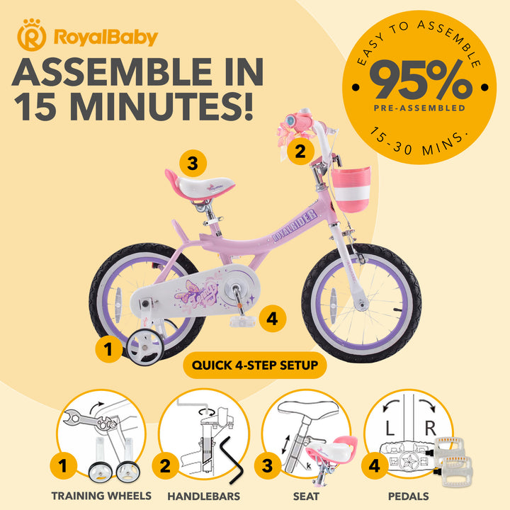 RoyalBaby Girl Kids Bicycle 12" w/Training Wheels, Jenny/Light Pink (Open Box)