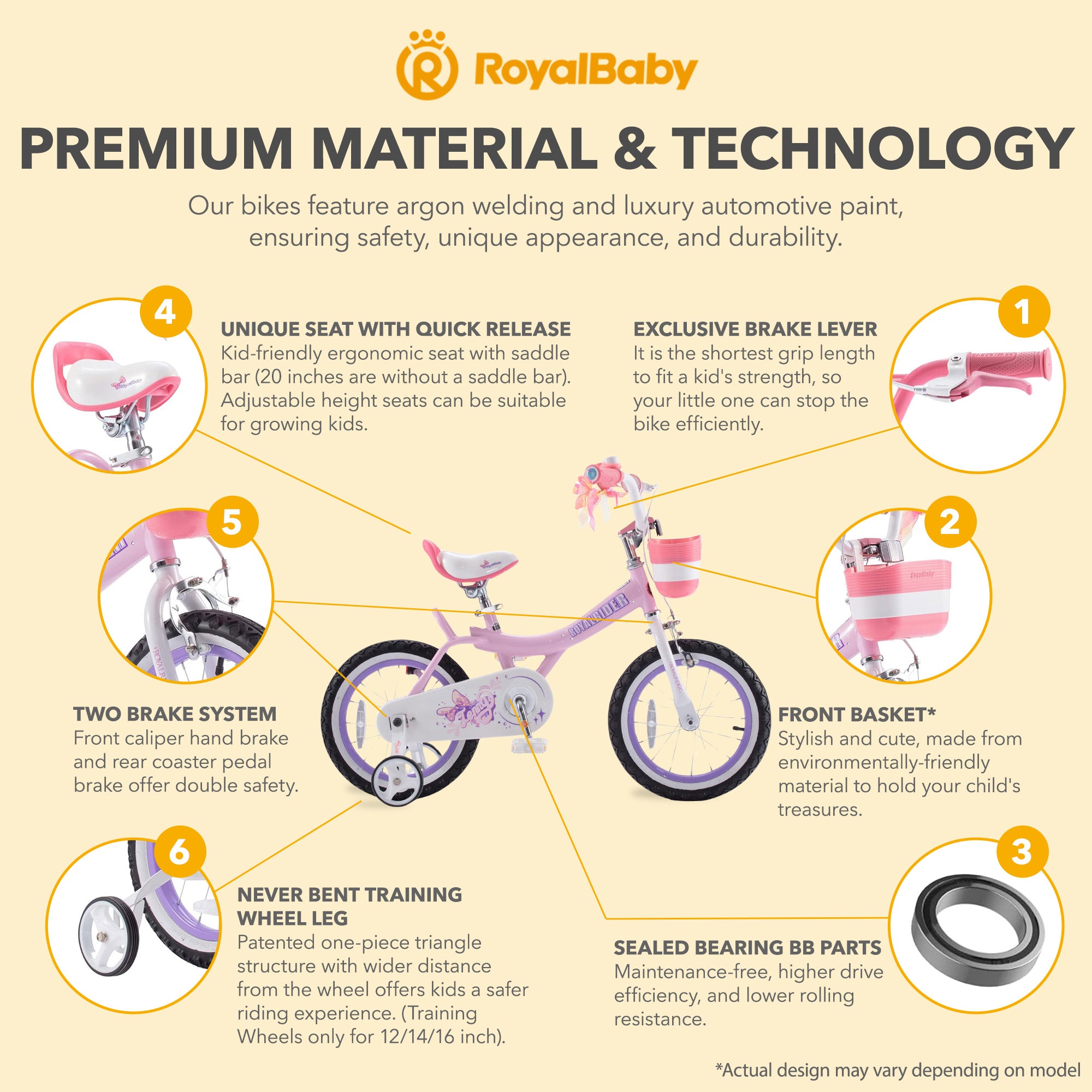 RoyalBaby Girl Kids Bicycle 12" w/Training Wheels, Jenny/Light Pink (Open Box) - VMInnovations