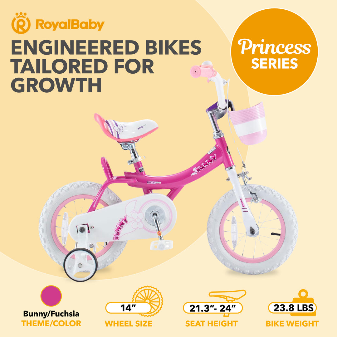 RoyalBaby Princess Girl Kids Bicycle 14 Inch with Training Wheels, Bunny/Fuchsia