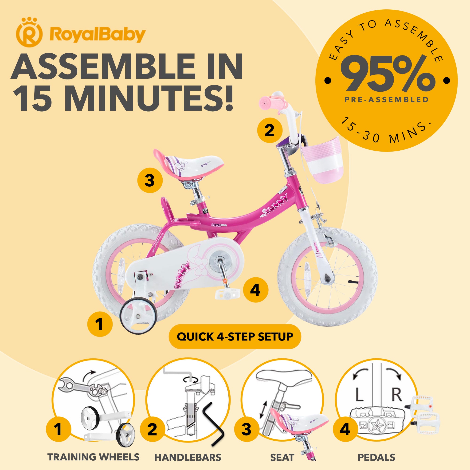 RoyalBaby Princess Girl Kids Bicycle 14 Inch with Training Wheels, Bunny/Fuchsia - VMInnovations