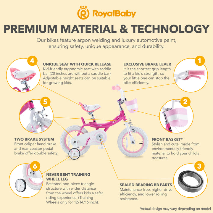 RoyalBaby Princess Kids Bicycle 14" w/Training Wheels, Bunny/Fuchsia (Open Box)