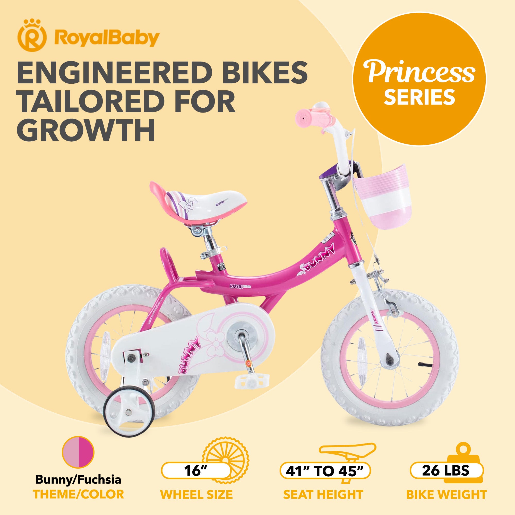 RoyalBaby Princess Girl Bike 16"w/Training Wheels & Kickstand, Bunny/Pink Purple - VMInnovations
