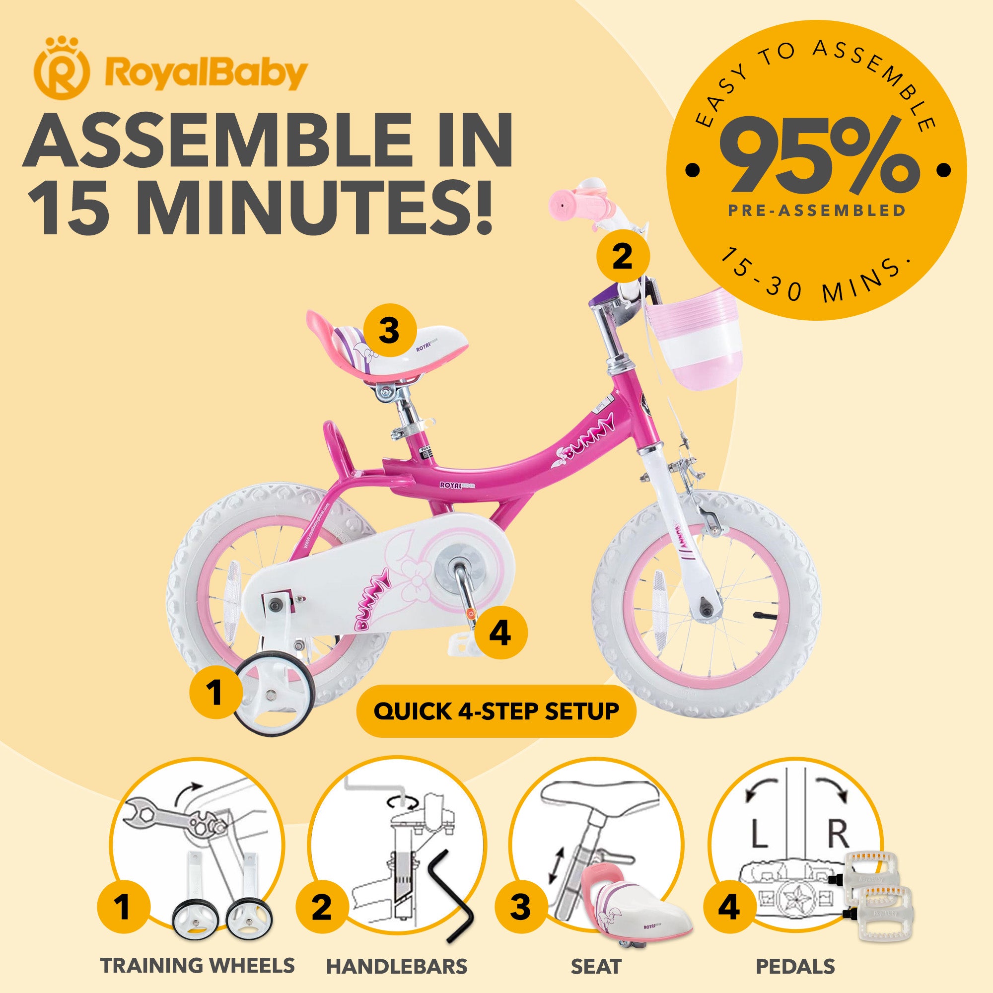 RoyalBaby Princess Girl Bike 16"w/Training Wheels & Kickstand, Bunny/Pink Purple - VMInnovations