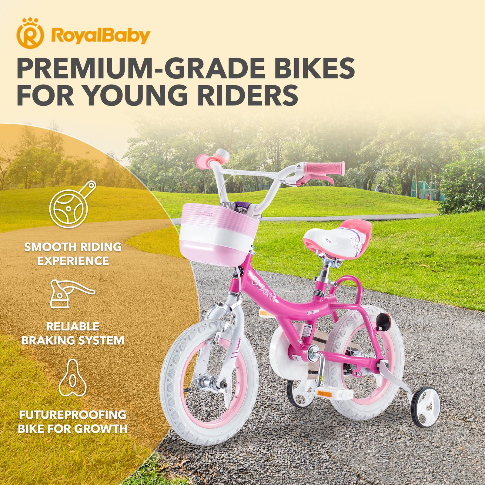 RoyalBaby Princess Girl Bike 16"w/Training Wheels & Kickstand, Bunny/Pink Purple - VMInnovations