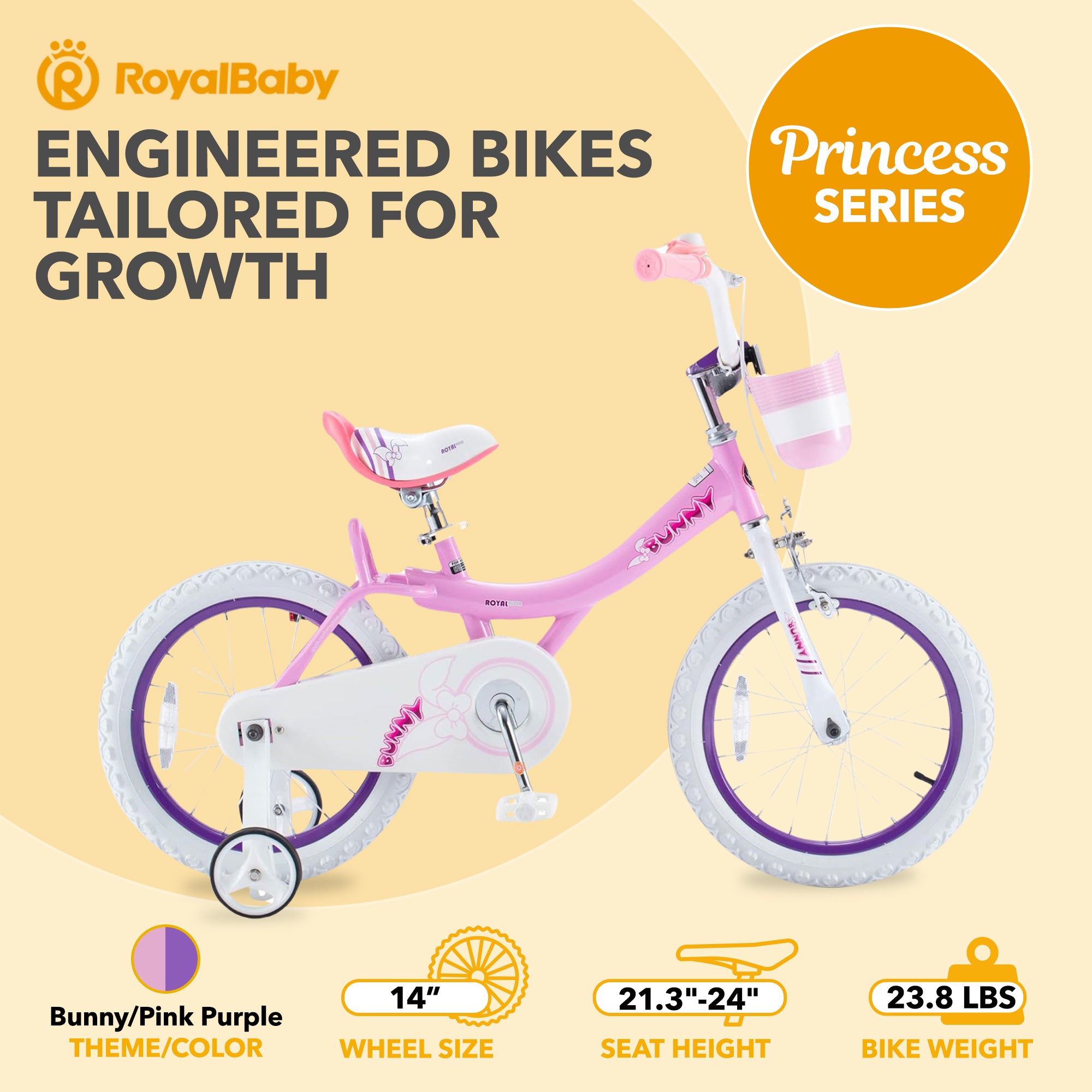 RoyalBaby Princess Girl Kids Bike 14 Inch w/ Training Wheels, Bunny/Pink Purple - VMInnovations