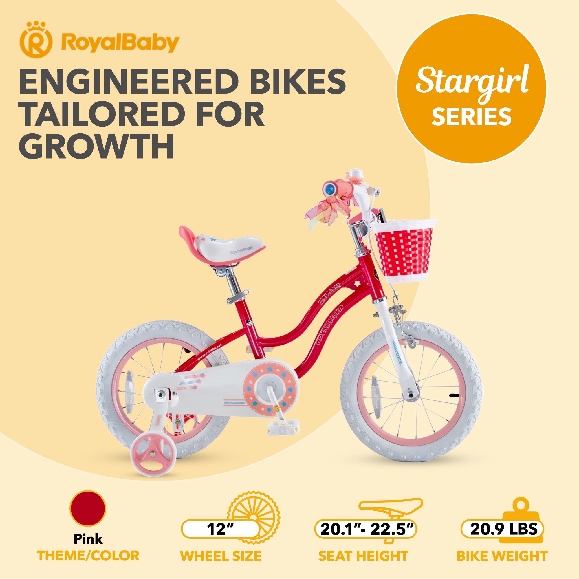 RoyalBaby Stargirl Children's Outdoor Bicycle 12 Inch with Training Wheels, Pink - VMInnovations