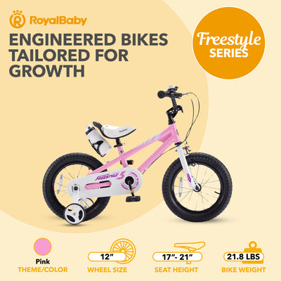 RoyalBaby Freestyle Outdoor Kid's Bicycle with Training Wheels, 12 Inch, Pink