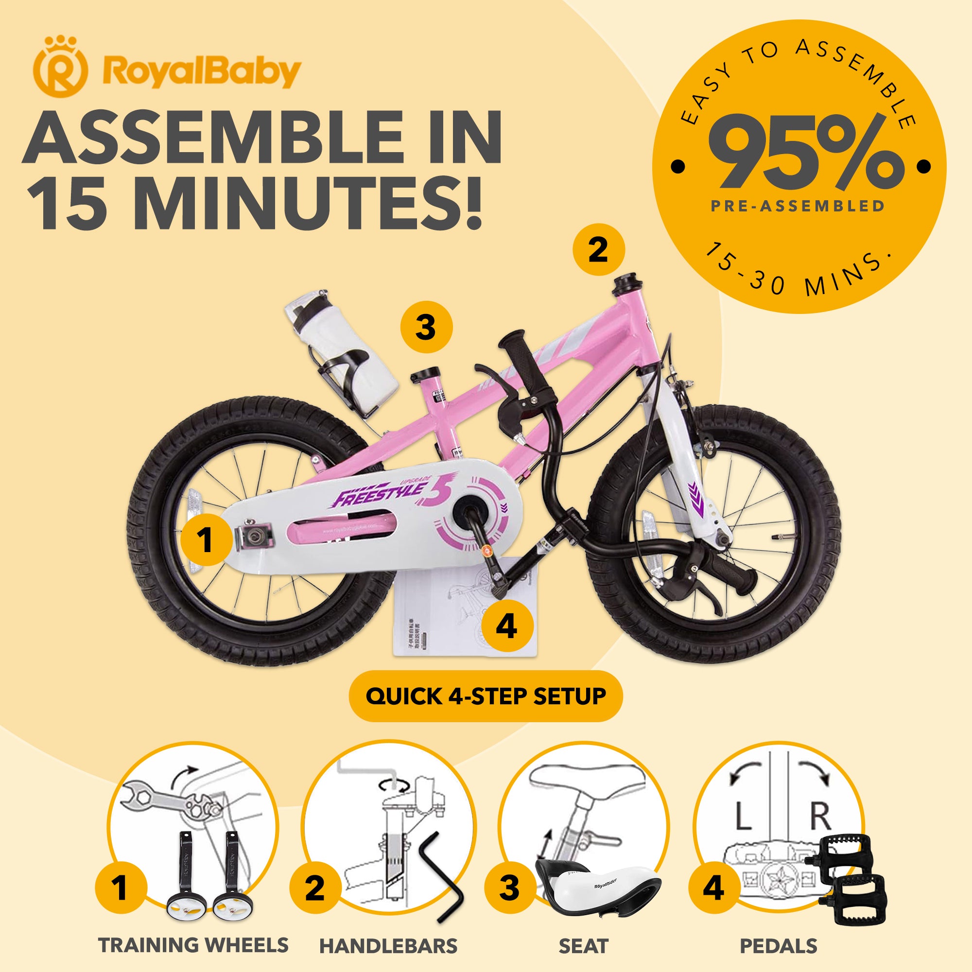 RoyalBaby Freestyle Outdoor Kid's Bicycle with Training Wheels, 12" (Open Box) - VMInnovations