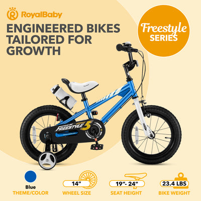 RoyalBaby Freestyle Outdoor Kid's Bicycle with Training Wheels, 14 Inch, Blue