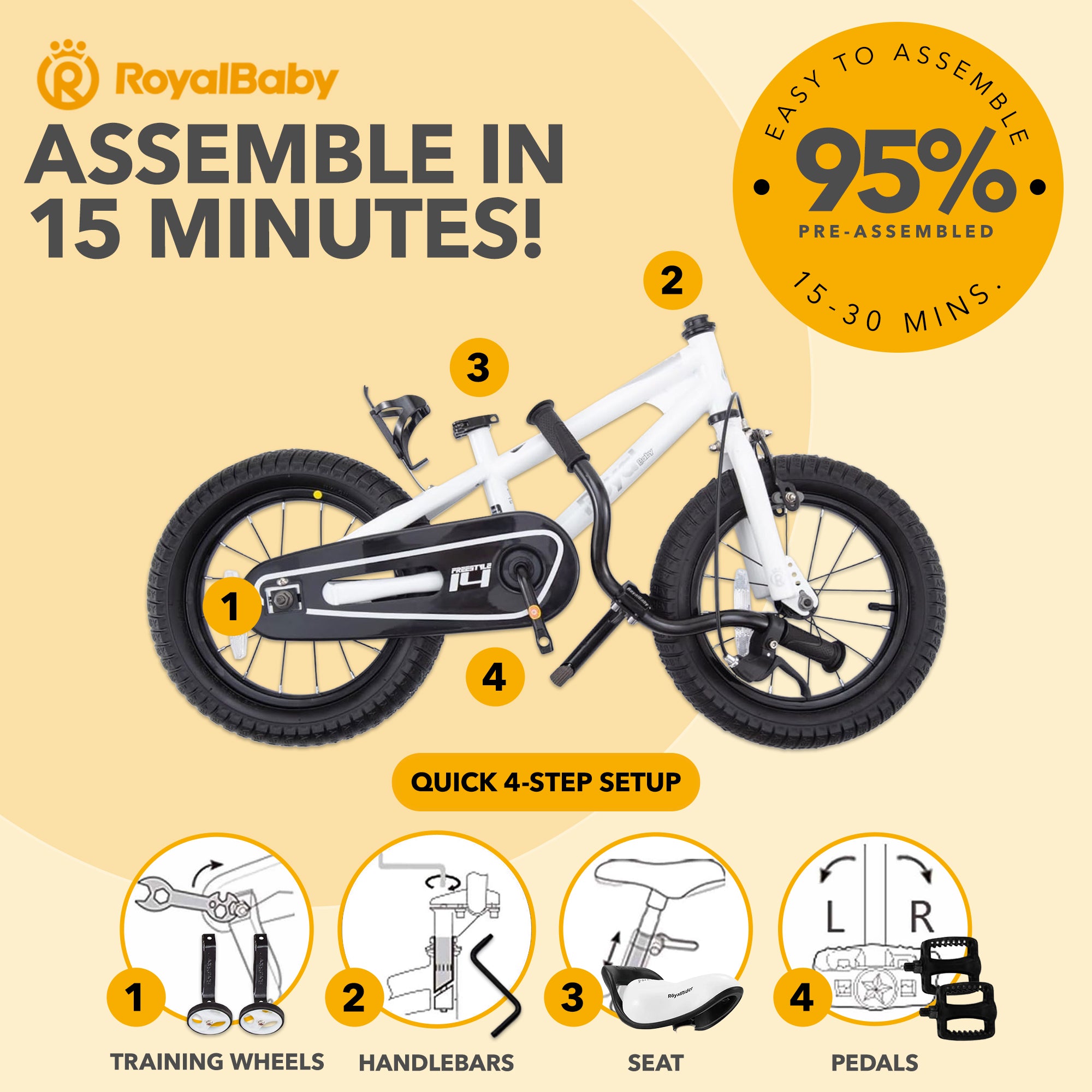RoyalBaby Freestyle Outdoor Kid's Bicycle with Training Wheels, 16 Inch, White - VMInnovations
