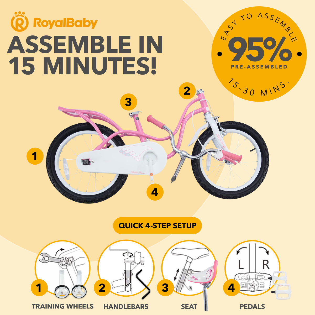 RoyalBaby Princess Girl Kids Bicycle 14" with Training Wheels, Swan/Classic Pink