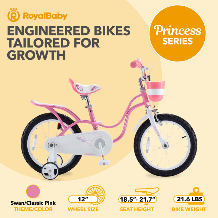 RoyalBaby Princess Bicycle 12" w/ Training Wheels, Swan/Classic Pink (Open Box)