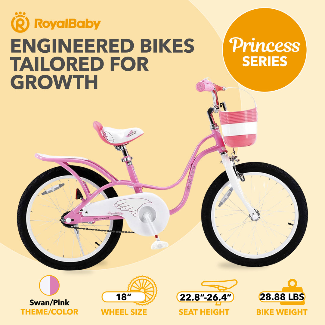 RoyalBaby Princess Girl Kids Outdoor Bicycle 18 Inch with Kickstand, Swan/Pink