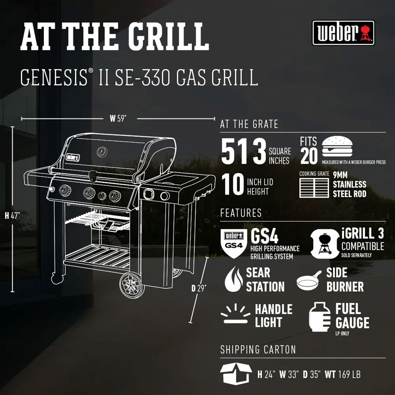 Weber Genesis II SE-330 Stainless Steel 3 Burner Liquid Propane Gas Grill, Black - VMInnovations