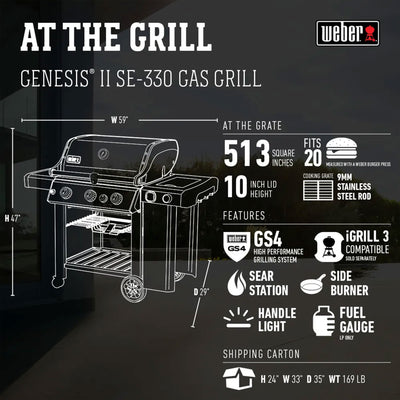 Weber Genesis II SE-330 Stainless Steel 3 Burner Liquid Propane Gas Grill, Black - VMInnovations