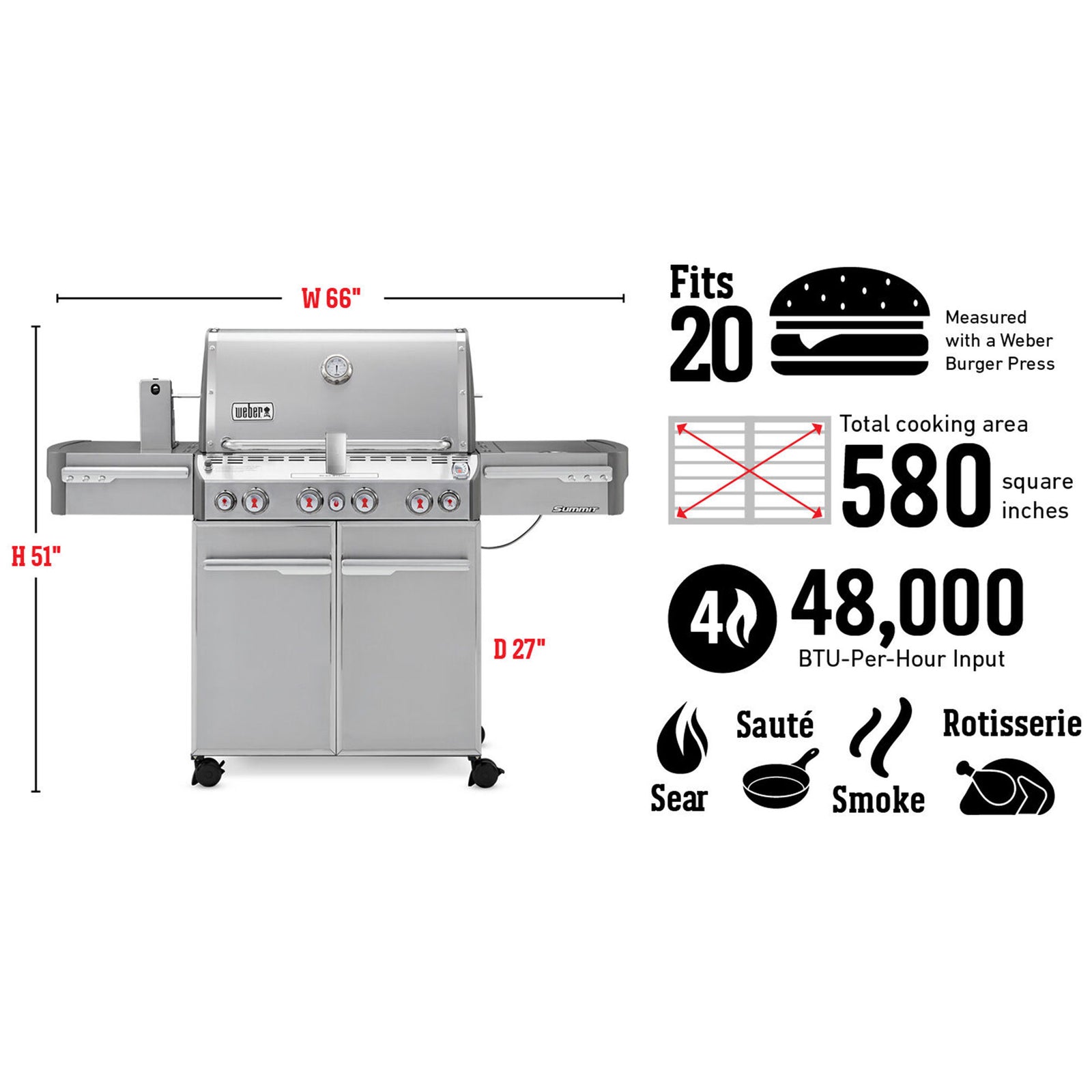 Weber Summit S-470 Steel 4 Burner 48,800 BTU Natural Gas Grill with Smoker Box - VMInnovations