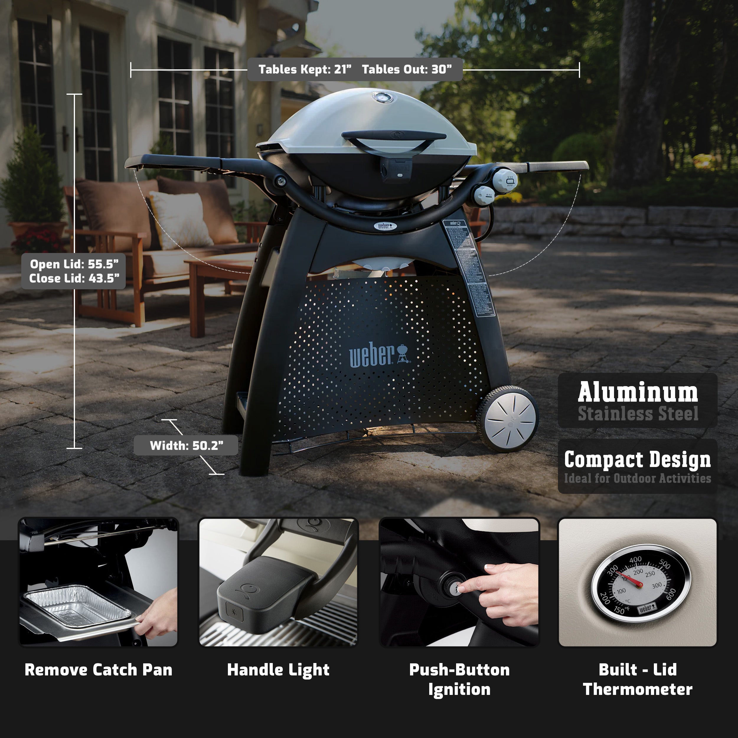 Weber Q3200 Aluminum Lid Portable 21,700 BTU Compact Natural Gas Grill, Titanium - VMInnovations