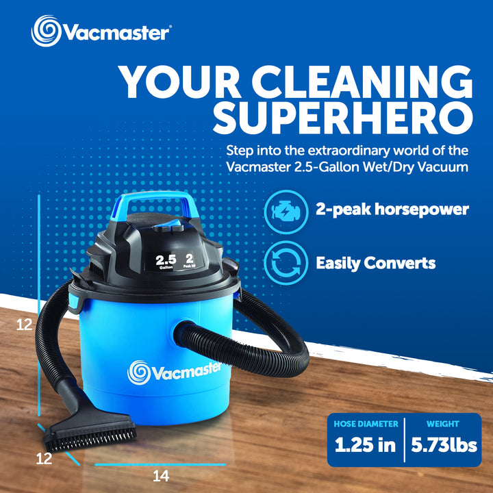 Vacmaster 2.5 Gal 2 HP Portable Wall Mount 2 in 1 Wet/Dry Vacuum & Attachments