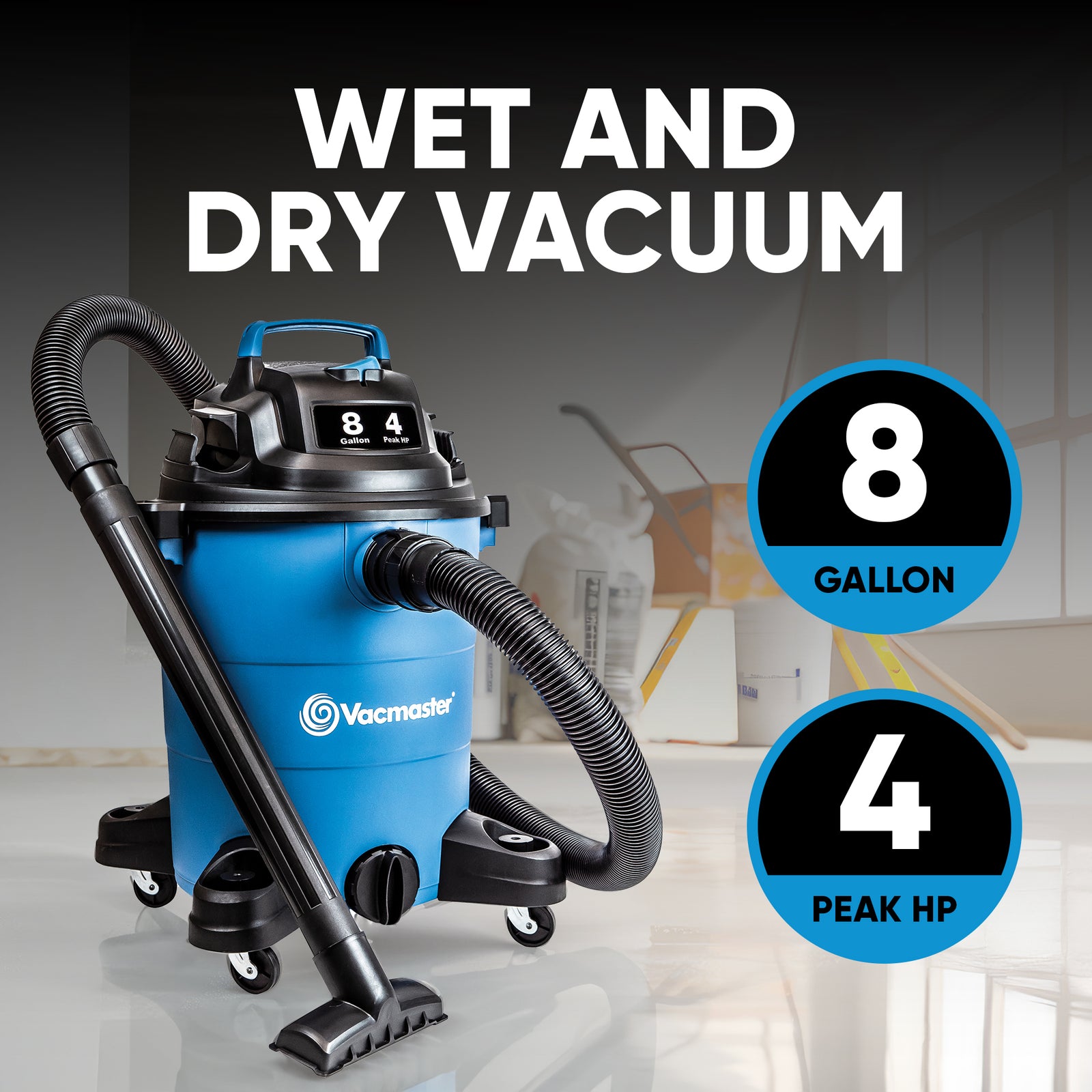 Vacmaster 8 Gal 4 HP Portable 2 in 1 Wet/Dry Vacuum & Attachments, Blue (Used) - VMInnovations