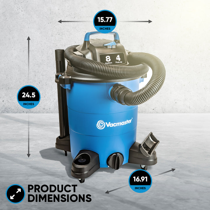 Vacmaster 8 Gallon 4 Peak HP Portable 2 in 1 Wet/Dry Vacuum & Attachments, Blue