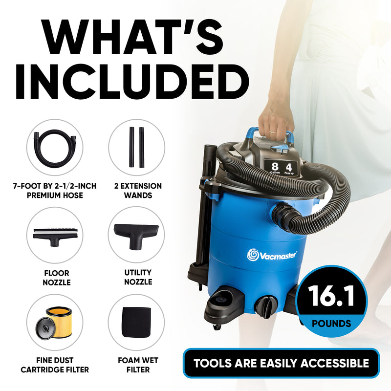 Vacmaster 8 Gal 4 HP Portable 2 in 1 Wet/Dry Vacuum & Attachments, Blue (Used)