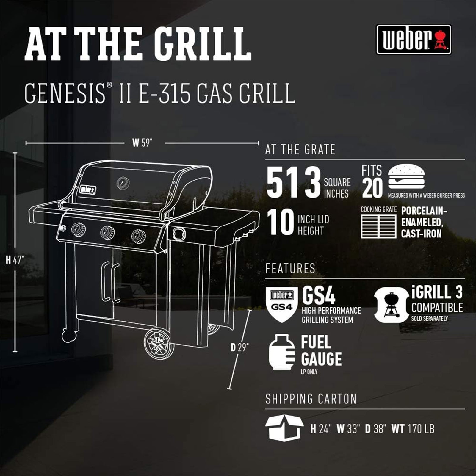 Weber Genesis II E-315 Outdoor Stainless Steel 3 Burner Natural Gas Grill, Black - VMInnovations